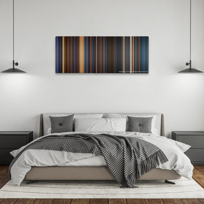 The Chronicles of Riddick color palette canvas above a bed, between two black pendant lamps