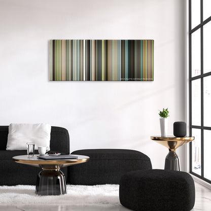 Our Idiot Brother color palette canvas above a black sofa with a gold-topped table
