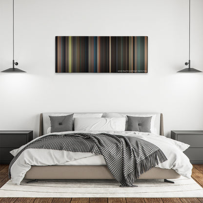 Beautiful Creatures color palette canvas above a bed, between two black pendant lamps