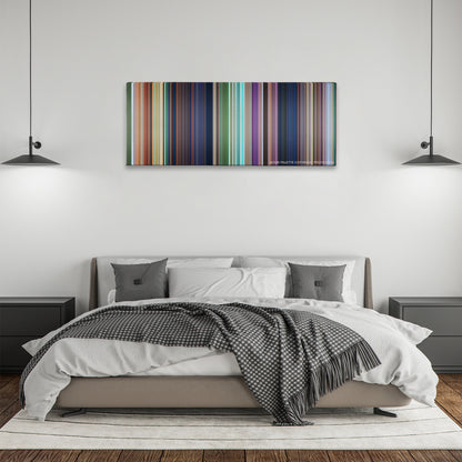 Rio color palette canvas above a bed, between two black pendant lamps