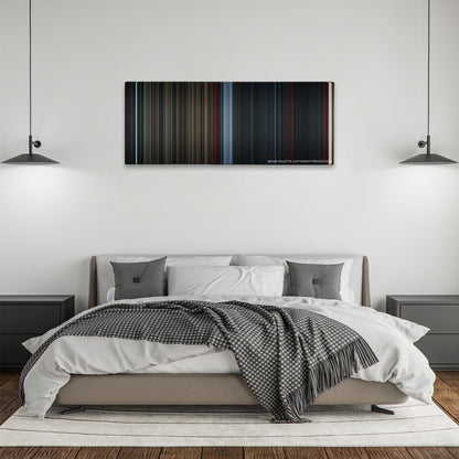 Life color palette canvas above a bed, between two black pendant lamps