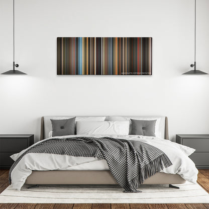 Confessions of a Dangerous Mind color palette canvas above a bed, between two black pendant lamps