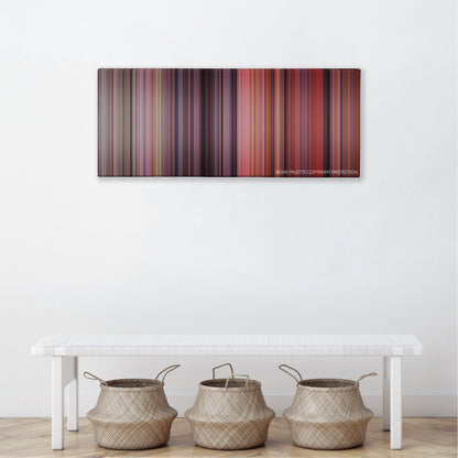 Never Been Kissed color palette canvas above a white bench with three woven baskets