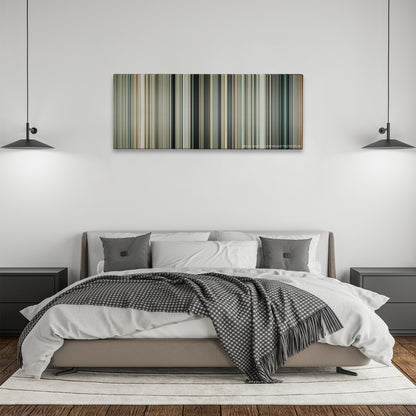 Jason Bourne color palette canvas above a bed, between two black pendant lamps