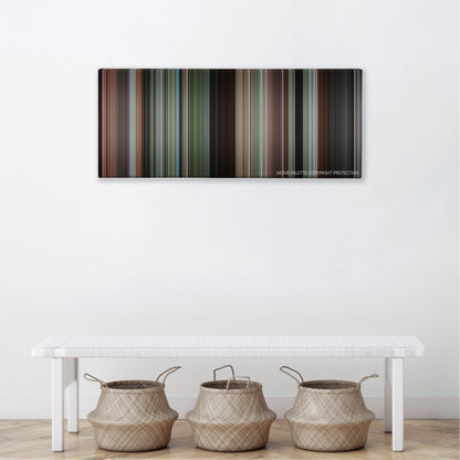 Romancing the Stone color palette canvas above a white bench with three woven baskets