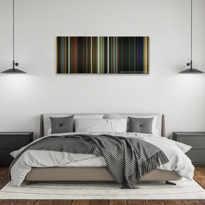 It Chapter Two color palette canvas above a bed, between two black pendant lamps