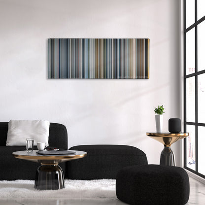 Minority Report color palette canvas above a black sofa with a gold-topped table