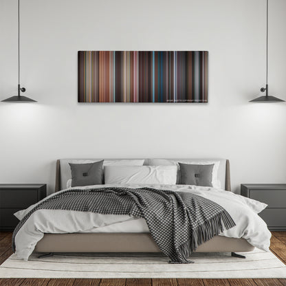 It Follows color palette canvas above a bed, between two black pendant lamps