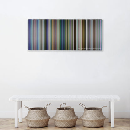 Swades color palette canvas above a white bench with three woven baskets