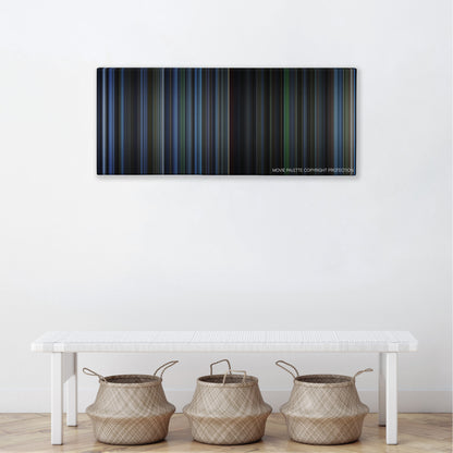 October Sky color palette canvas above a white bench with three woven baskets