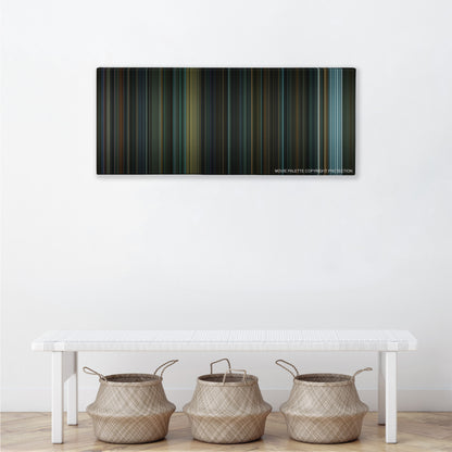 Suicide Squad color palette canvas above a white bench with three woven baskets
