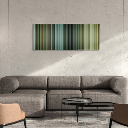 Train to Busan color palette canvas on a concrete wall above a gray sectional sofa