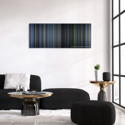 October Sky color palette canvas above a black sofa with a gold-topped table