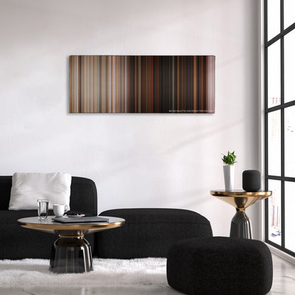 Superbad color palette canvas above a black sofa with a gold-topped table