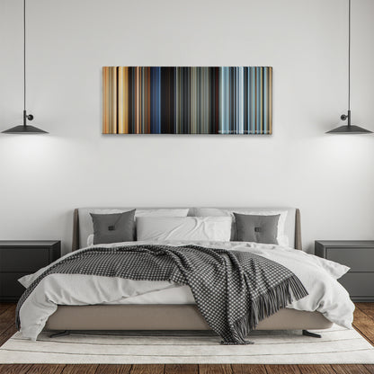 The Fate of the Furious color palette canvas above a bed, between two black pendant lamps
