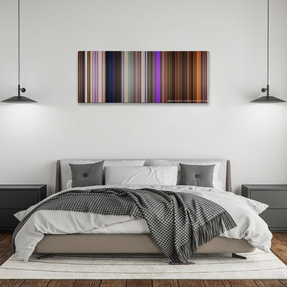 Toy Story 4 color palette canvas above a bed, between two black pendant lamps
