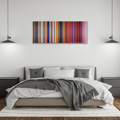 Cloudy with a Chance of Meatballs color palette canvas above a bed, between two black pendant lamps