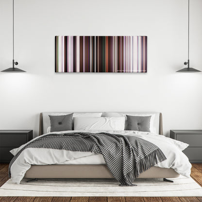The Bling Ring color palette canvas above a bed, between two black pendant lamps