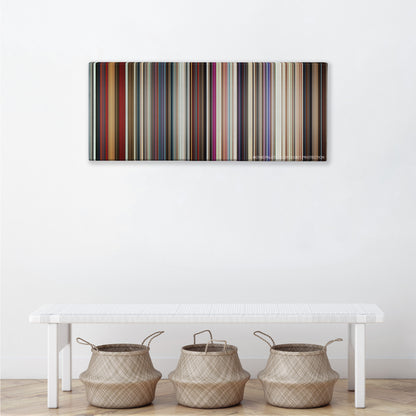 A Star Is Born color palette canvas above a white bench with three woven baskets