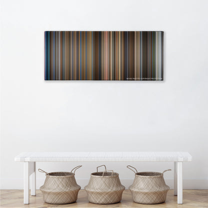 Catch Me If You Can color palette canvas above a white bench with three woven baskets