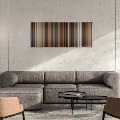 Anchorman 2: The Legend Continues color palette canvas on a concrete wall above a gray sectional sofa