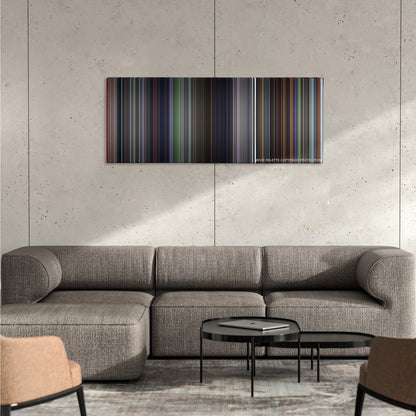 Battle Royale color palette canvas on a concrete wall above a gray sectional sofa
