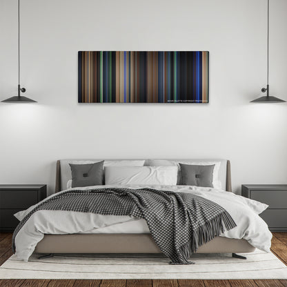 Daredevil color palette canvas above a bed, between two black pendant lamps