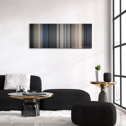 Universal Soldier color palette canvas above a black sofa with a gold-topped table