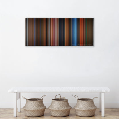 The Phantom of the Opera color palette canvas above a white bench with three woven baskets