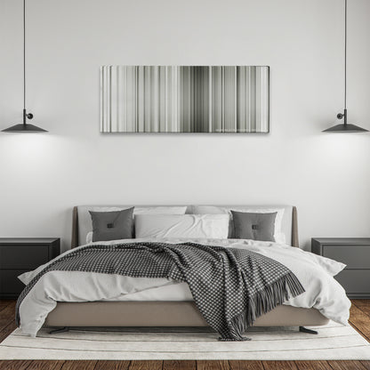 The Great Dictator color palette canvas above a bed, between two black pendant lamps
