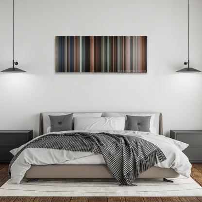Get Smart color palette canvas above a bed, between two black pendant lamps