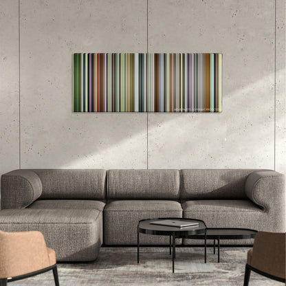 Gangs of Wasseypur color palette canvas on a concrete wall above a gray sectional sofa