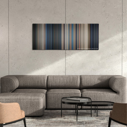 Universal Soldier color palette canvas on a concrete wall above a gray sectional sofa