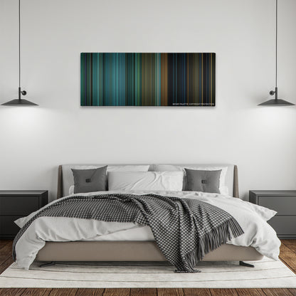 A Good Day to Die Hard color palette canvas above a bed, between two black pendant lamps