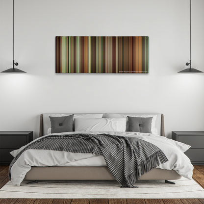 Finding Neverland color palette canvas above a bed, between two black pendant lamps