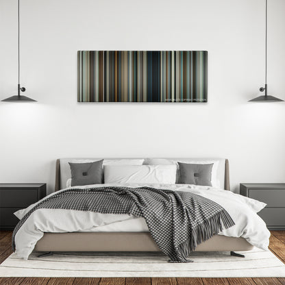 Snitch color palette canvas above a bed, between two black pendant lamps