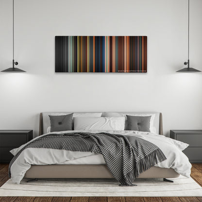 Oz the Great and Powerful color palette canvas above a bed, between two black pendant lamps