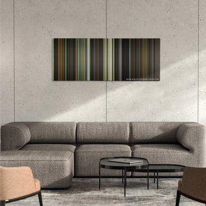 Blade: Trinity color palette canvas on a concrete wall above a gray sectional sofa