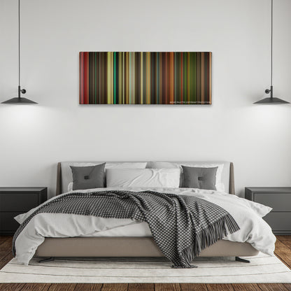 Planet Terror color palette canvas above a bed, between two black pendant lamps