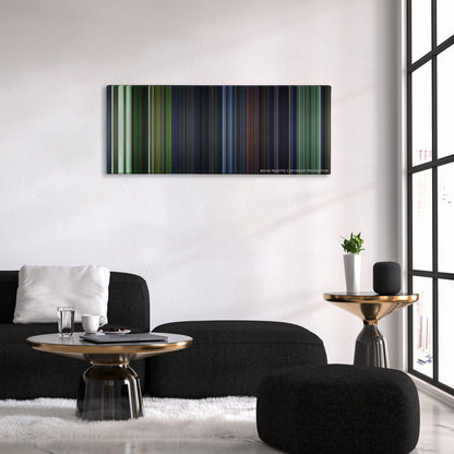 The Matrix Revolutions color palette canvas above a black sofa with a gold-topped table