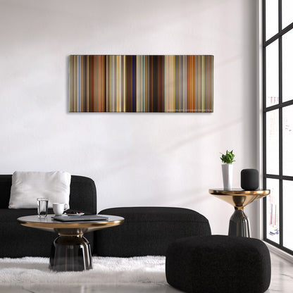 American Hustle color palette canvas above a black sofa with a gold-topped table
