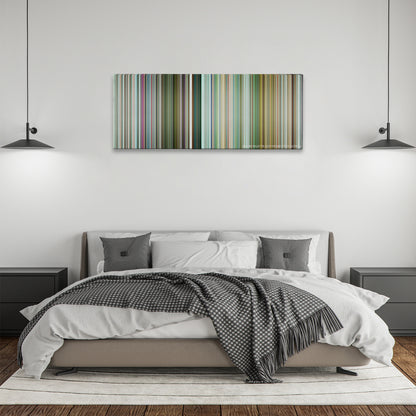 Pain & Gain color palette canvas above a bed, between two black pendant lamps