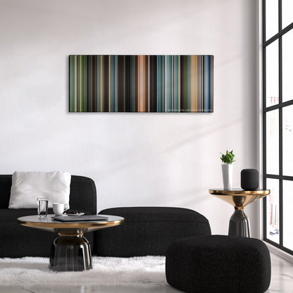 The Butterfly Effect color palette canvas above a black sofa with a gold-topped table