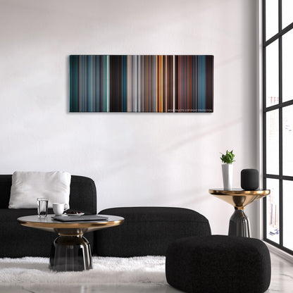 Mission: Impossible - Ghost Protocol color palette canvas above a black sofa with a gold-topped table