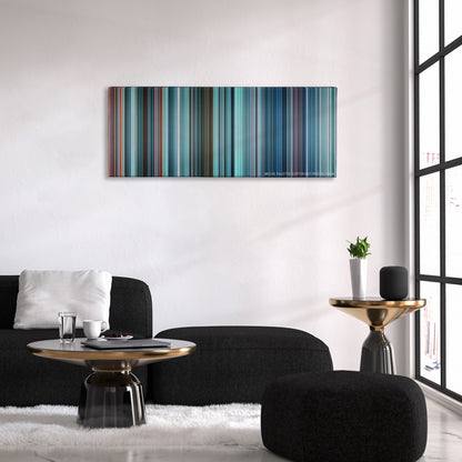 Star Trek Into Darkness color palette canvas above a black sofa with a gold-topped table
