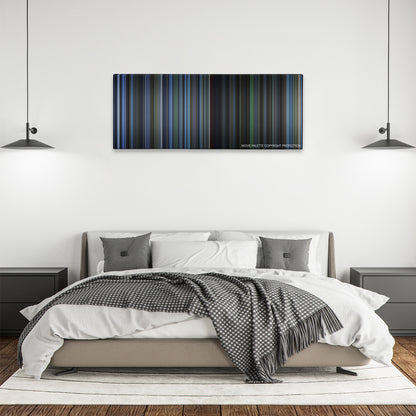 October Sky color palette canvas above a bed, between two black pendant lamps