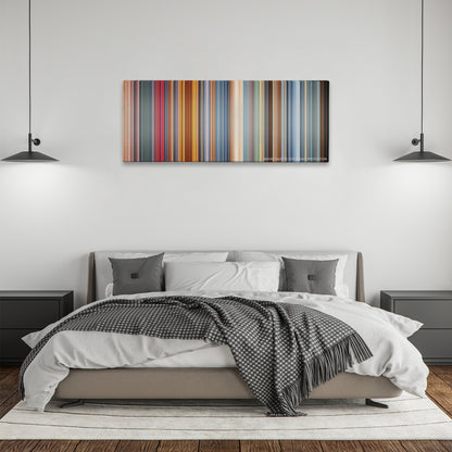 Austin Powers in Goldmember color palette canvas above a bed, between two black pendant lamps