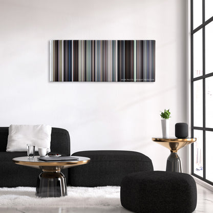 Arlington Road color palette canvas above a black sofa with a gold-topped table