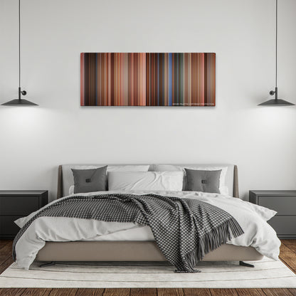 EuroTrip color palette canvas above a bed, between two black pendant lamps