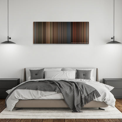 A Series of Unfortunate Events color palette canvas above a bed, between two black pendant lamps